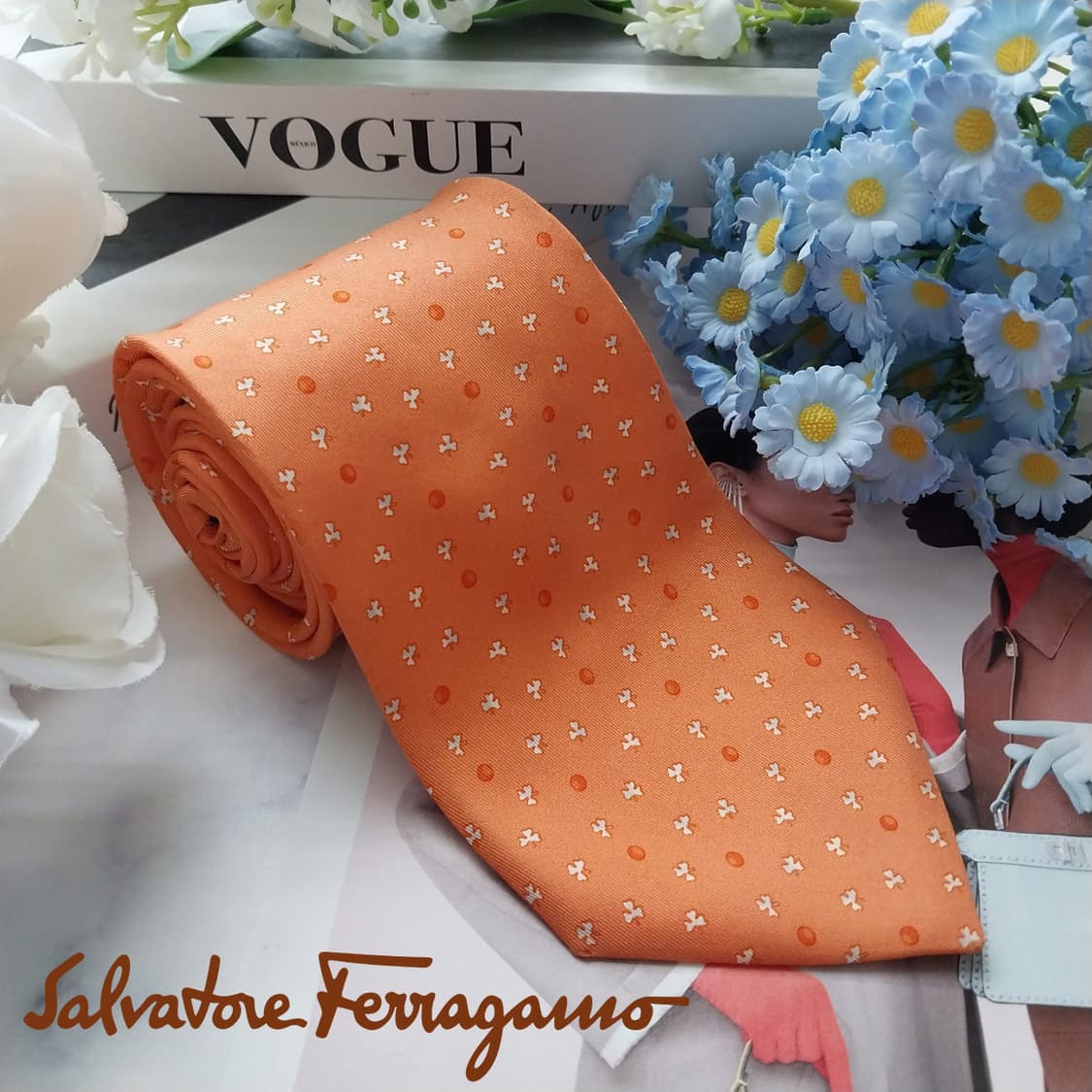살바토레 페라가모 실크 오렌지 패턴 넥타이 9.6cm A등급 K2025 상품이미지1
