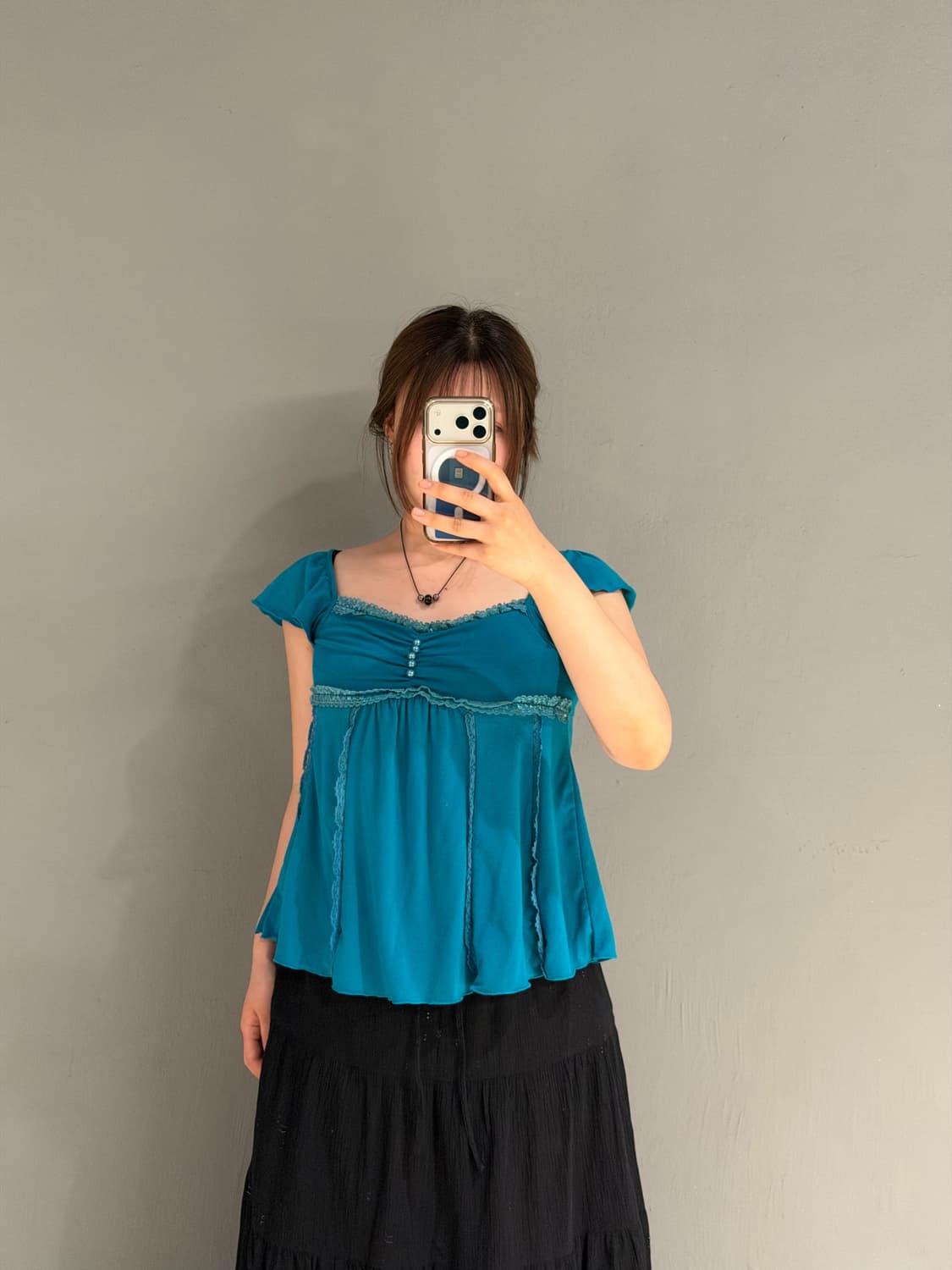 Aqua blue lace line button-up top 상품이미지2