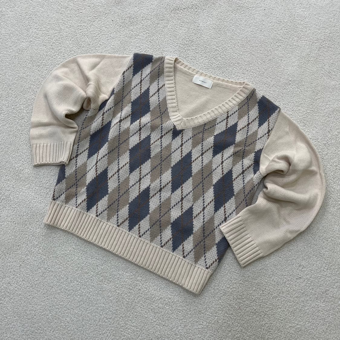 F 빈티지 브이넥 아가일 니트 0324M 상품이미지1