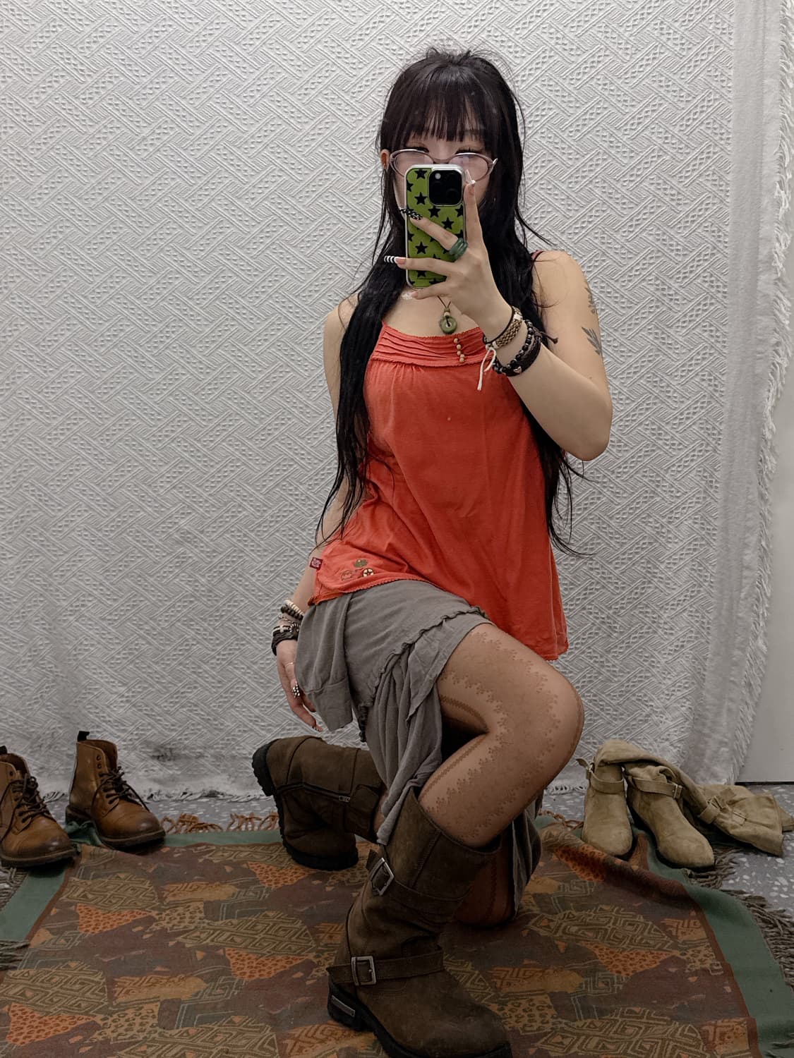 빈티지 레이스 란제리 Y2K 오렌지 콩버튼 슬리브리스 끈나시 K0023 상품이미지1