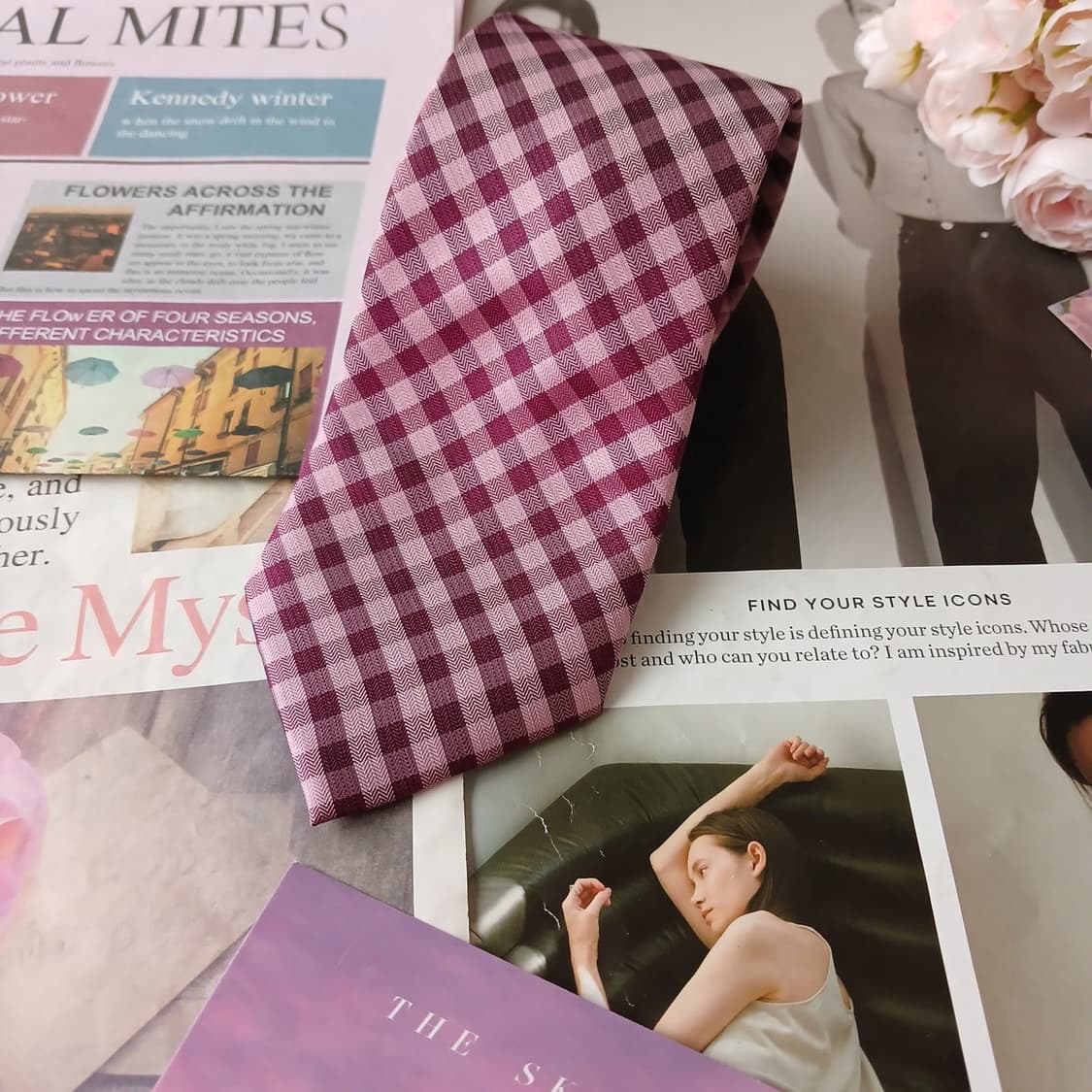 아쿠아스큐텀 실크 퍼플 체크 패턴 넥타이 7.8cm A+등급 A19726 상품이미지4