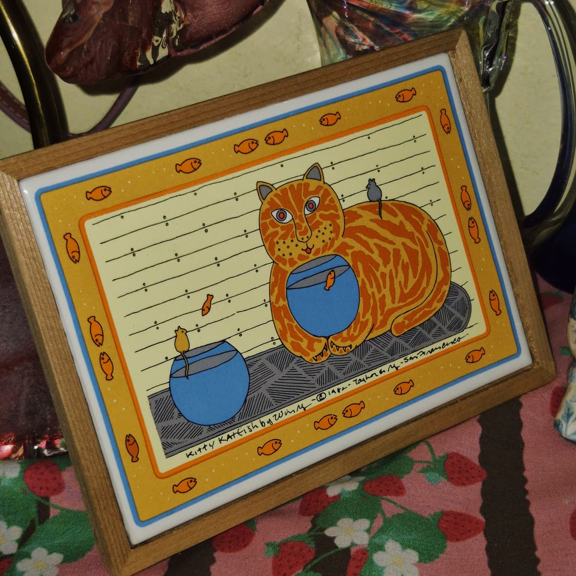 80s 미국 금붕어 고양이 타일 액자&트레이 상품이미지10