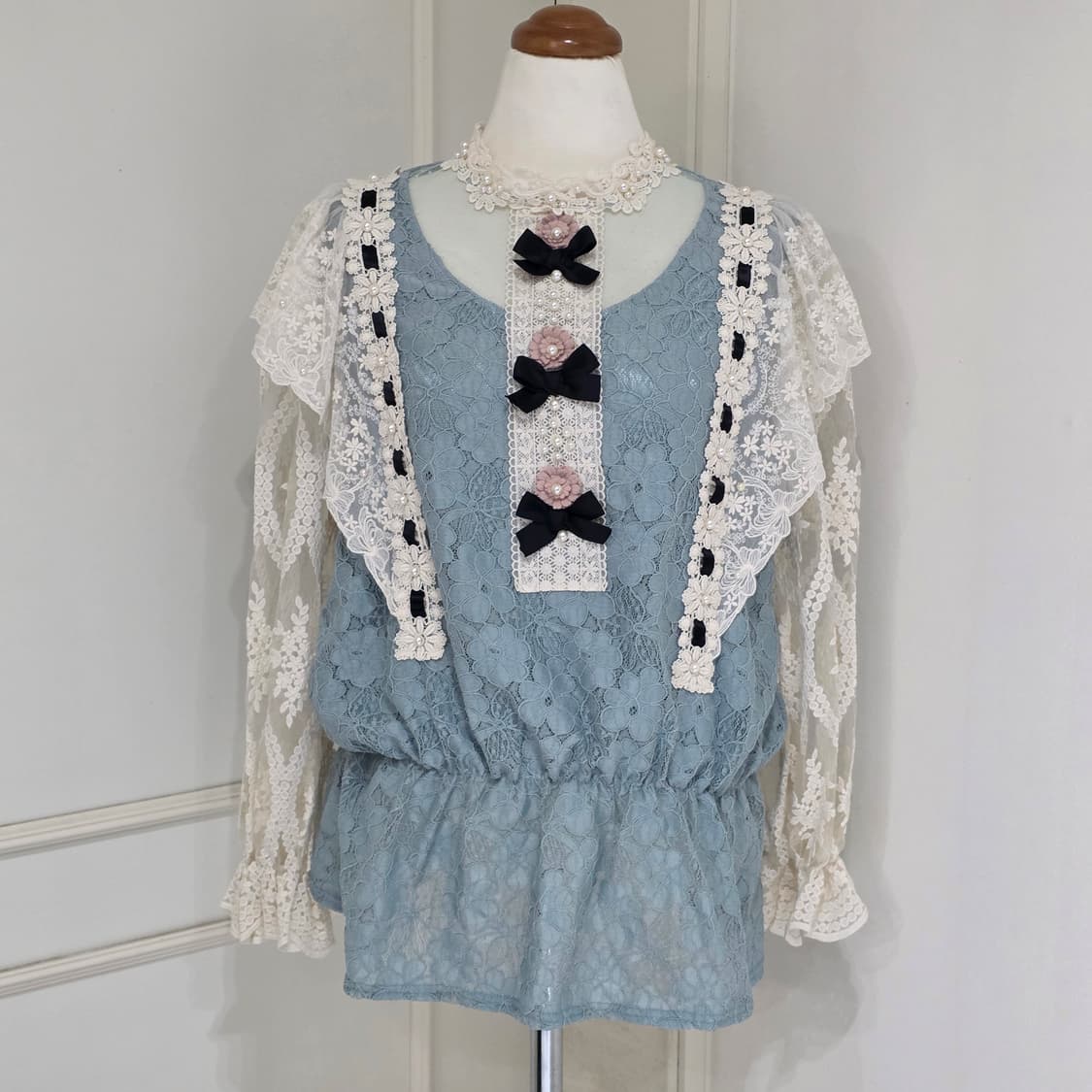 빈티지)민트히메갸루 로리타 플로럴진주레이스 고딕 로맨틱 엑팜깔 블라우스 상품이미지4