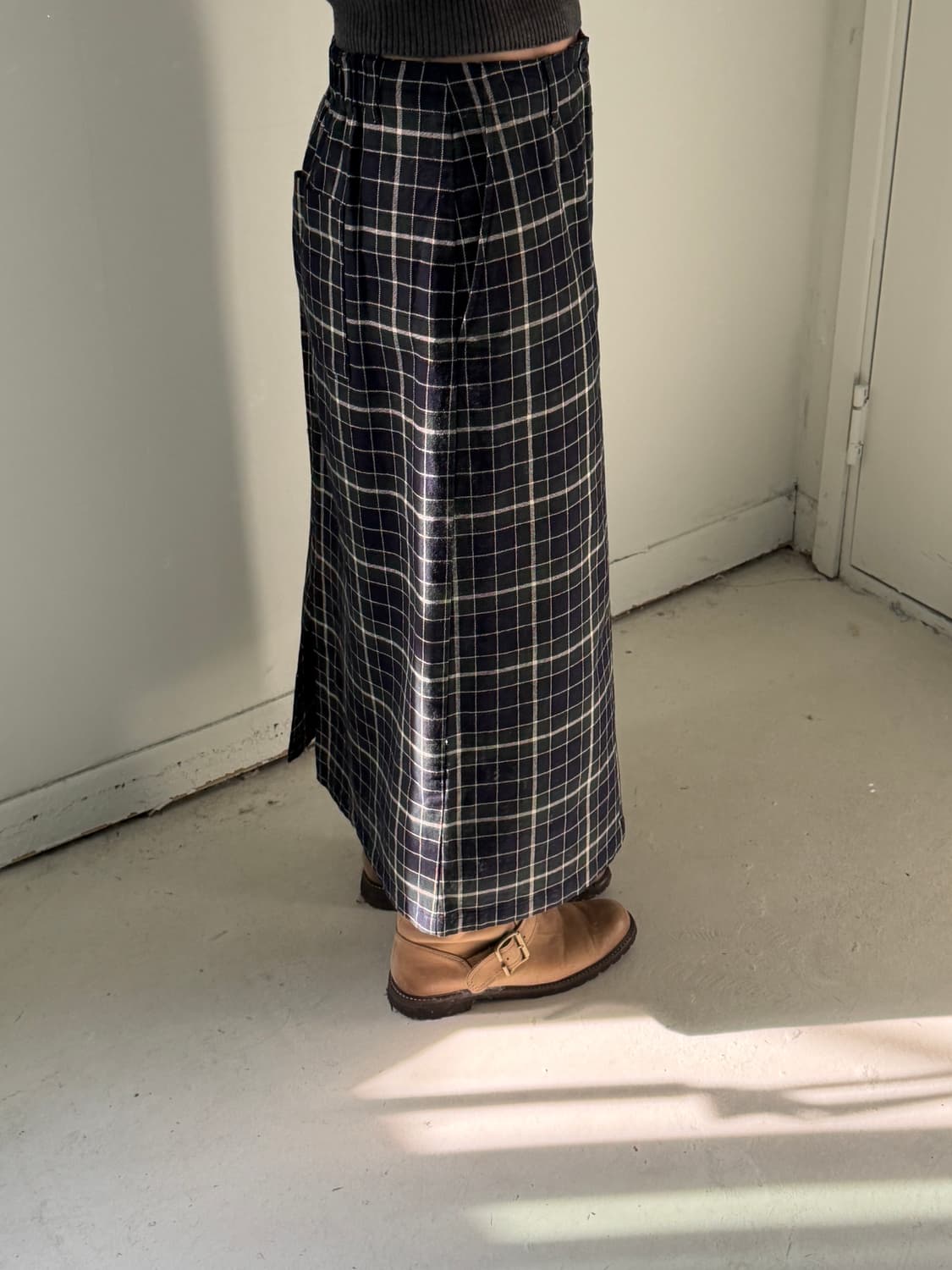 일본빈티지 그린네이비 체크 롱스커트  상품이미지1