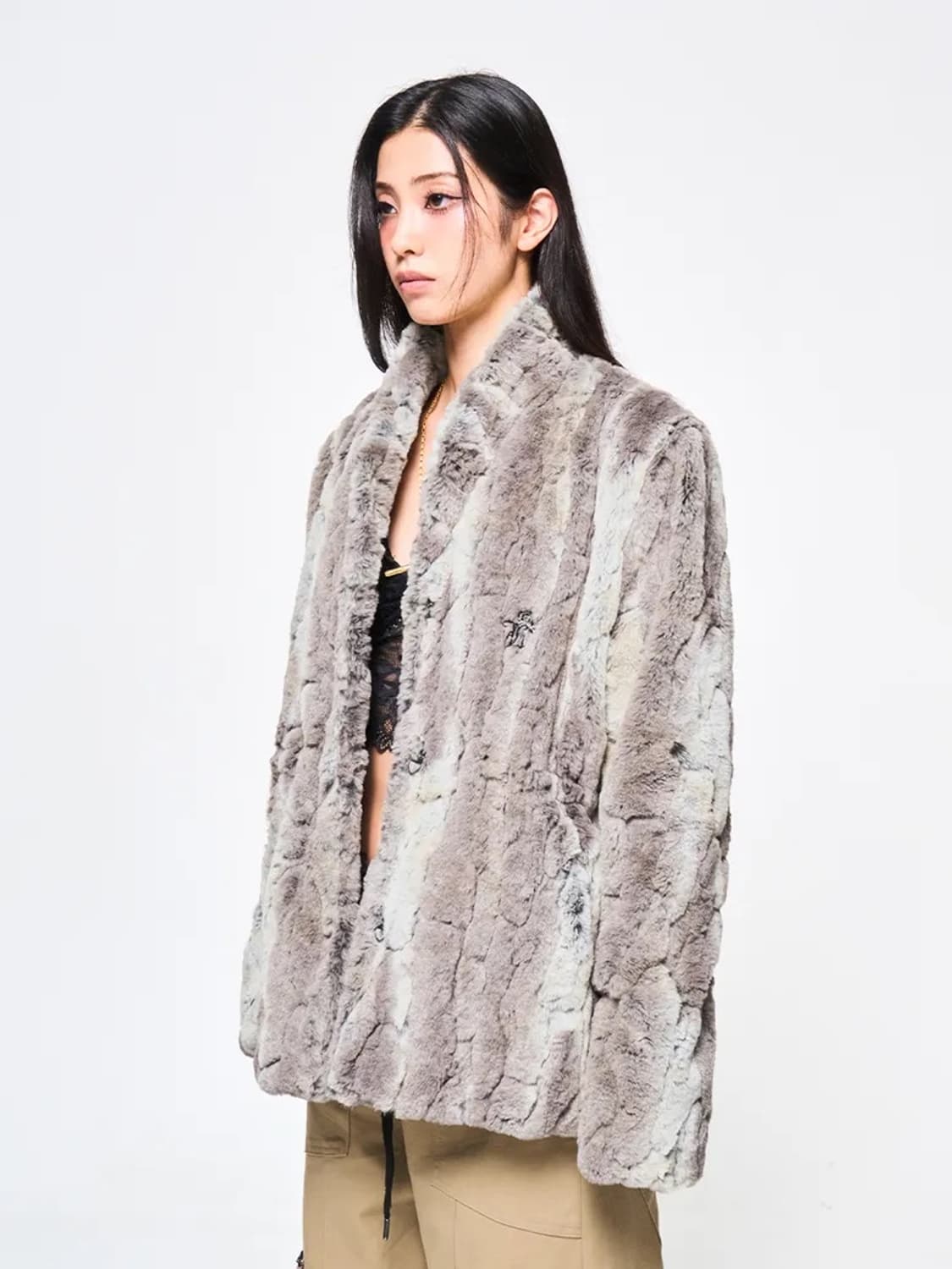 yeel 와이이이엘 믹스 헤어리 퍼 자켓 카키 브라운 상품이미지2