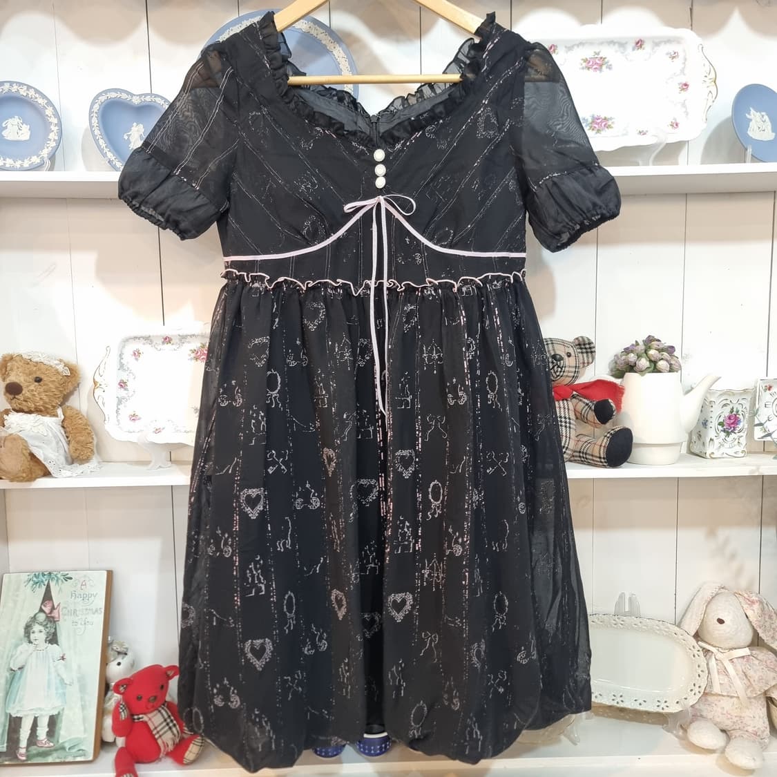 (MILK/밀크) 블랙 쉬폰 프린트 리본 원피스 상품이미지1