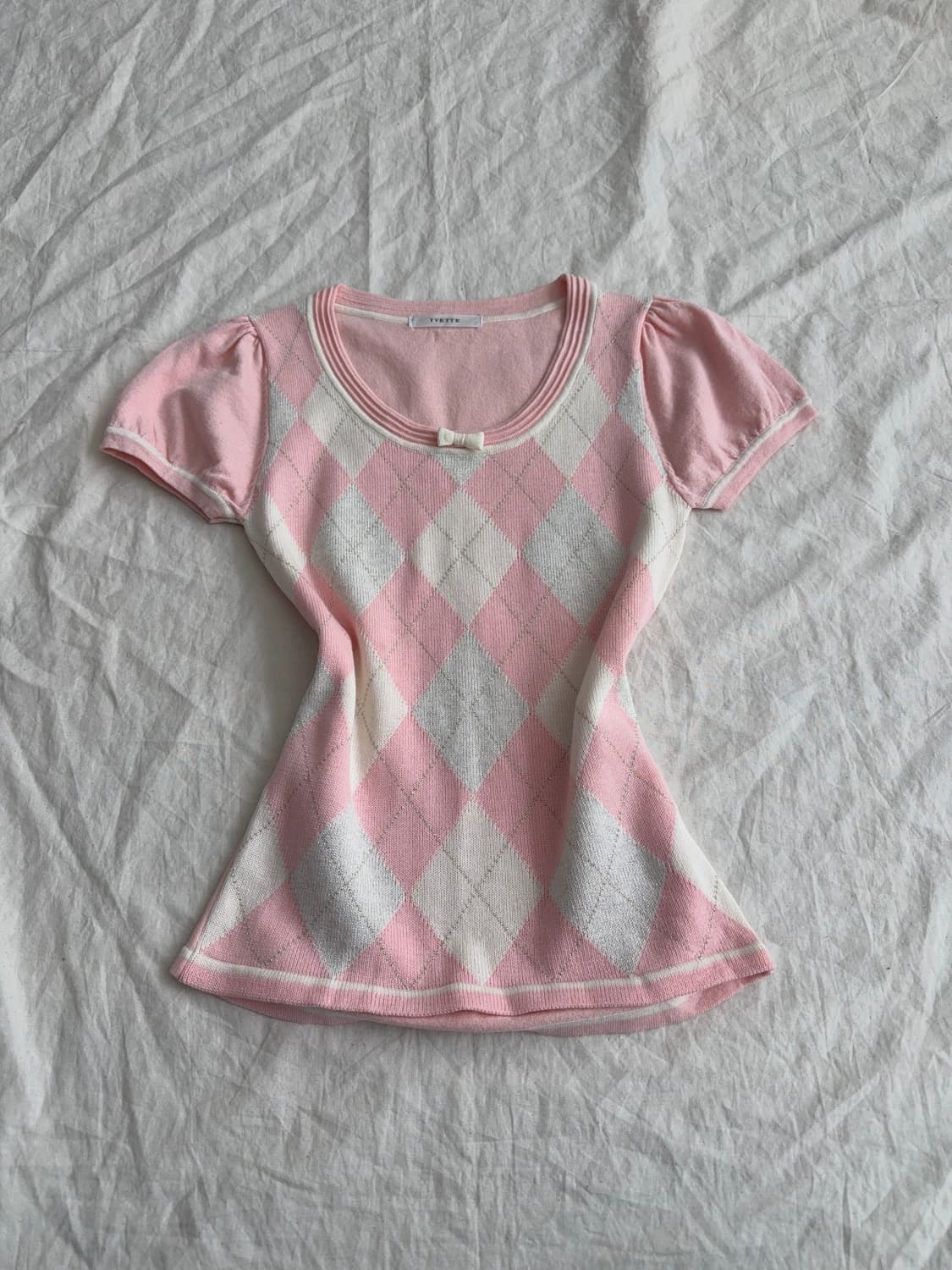 베이비 핑크 로걀 딱붙 아가일 반팔 니트 탑 상품이미지1