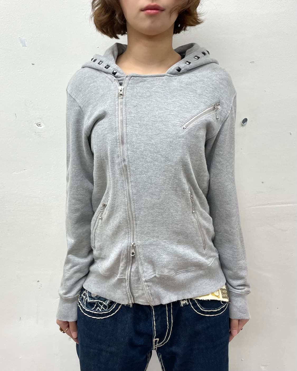 Asymmetric Zipper Stud Gray Hooded Zip 상품이미지2