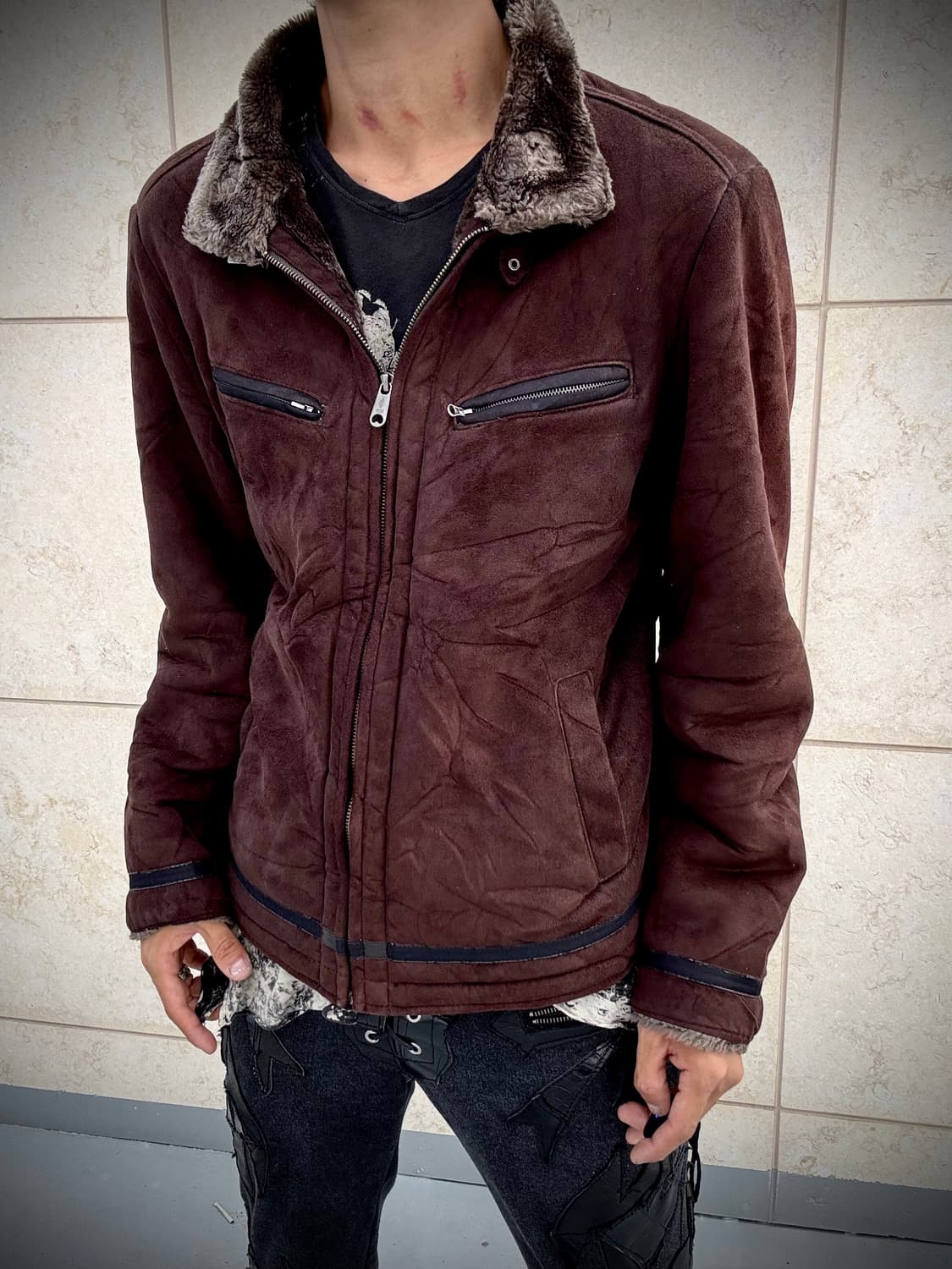 “Vintage” 00’s Brown Fur Trimming Simple 상품이미지1
