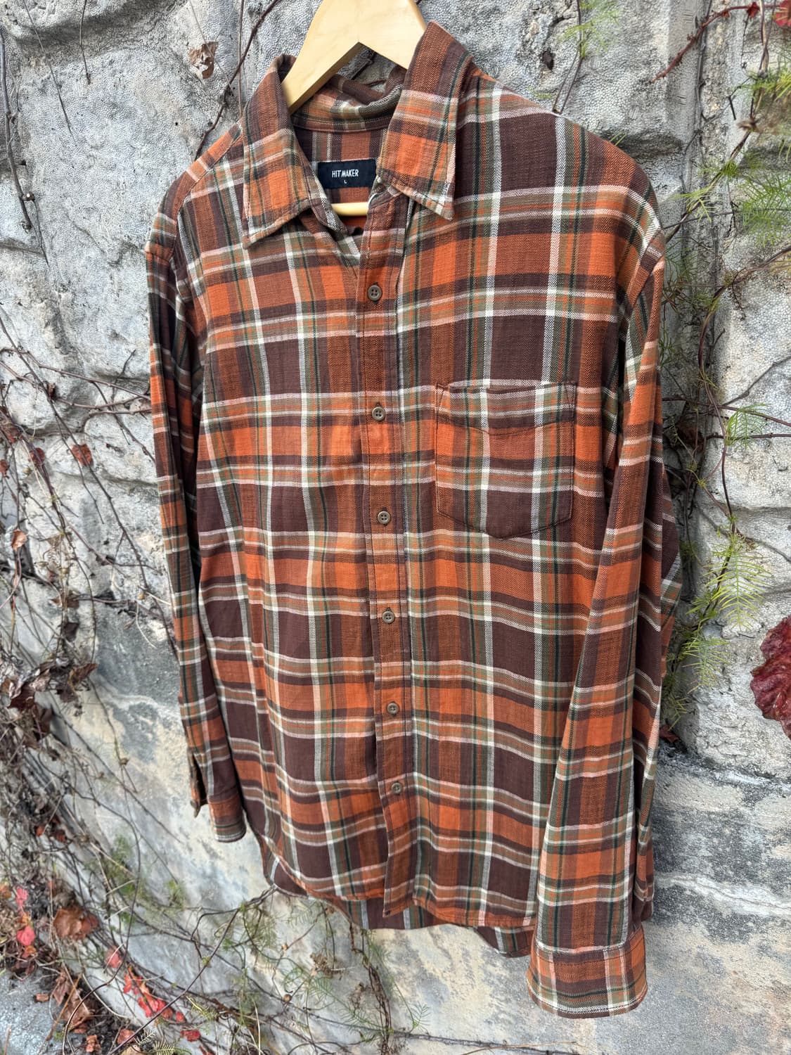 일본 빈티지 체크 패턴 포켓 플란넬 셔츠 오렌지 브라운 L 상품이미지2