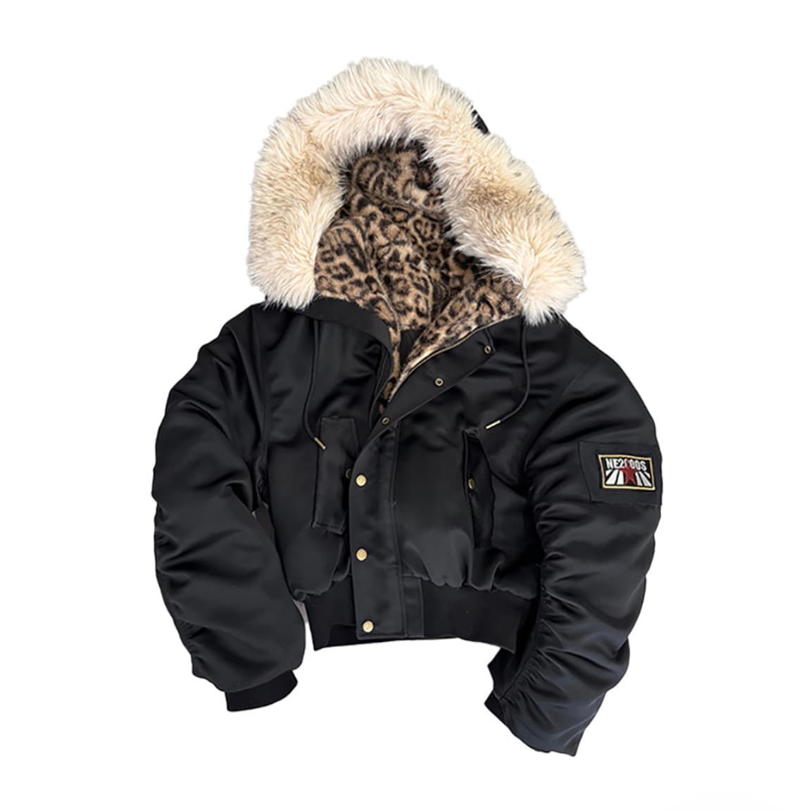 no E mosen 레오파드 후드 퍼 크롭 항공점퍼 상품이미지1