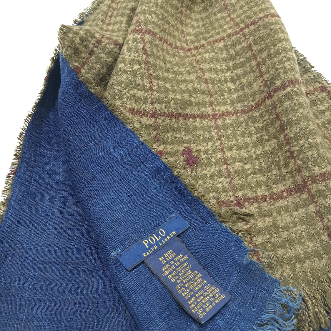 MX297 폴로 랄프로렌 올리브그린 체크 울 린넨 목도리 머플러 상품이미지5