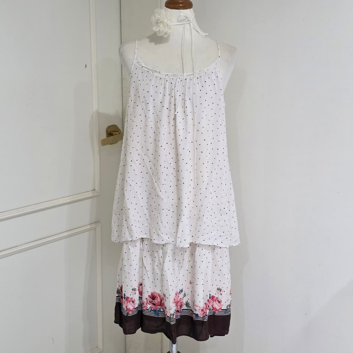 일본빈티지)스즈코모리걸 엑팜깔 도트 플로럴장미 레이어드슬리브리스원피스 상품이미지1