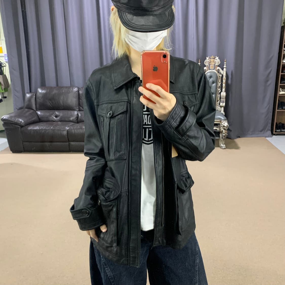 빈티지 양가죽 리얼레더 포켓 사파리 자켓 블랙 105 남녀공용 상품이미지1