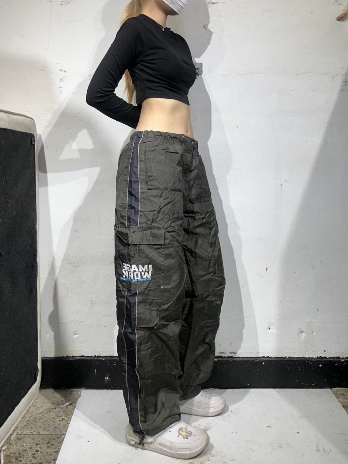 일본 빈티지 카키 블랙 사이드 라인 와이드 포켓 카고 팬츠 상품이미지1