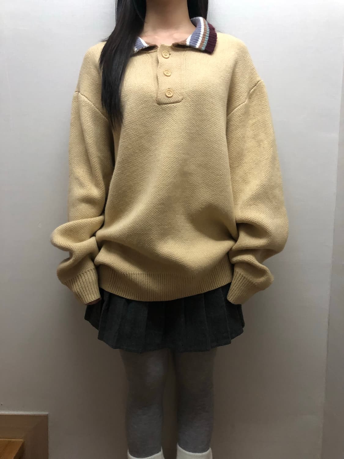 빈티지 옐로우 스트라이프 카라 니트 상품이미지1