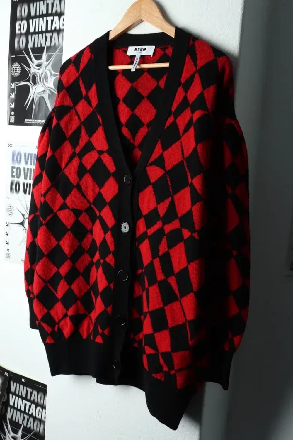 (S-M) 엠에스지엠 니트 가디건 레드 아가일 패턴-15A4E 상품이미지1