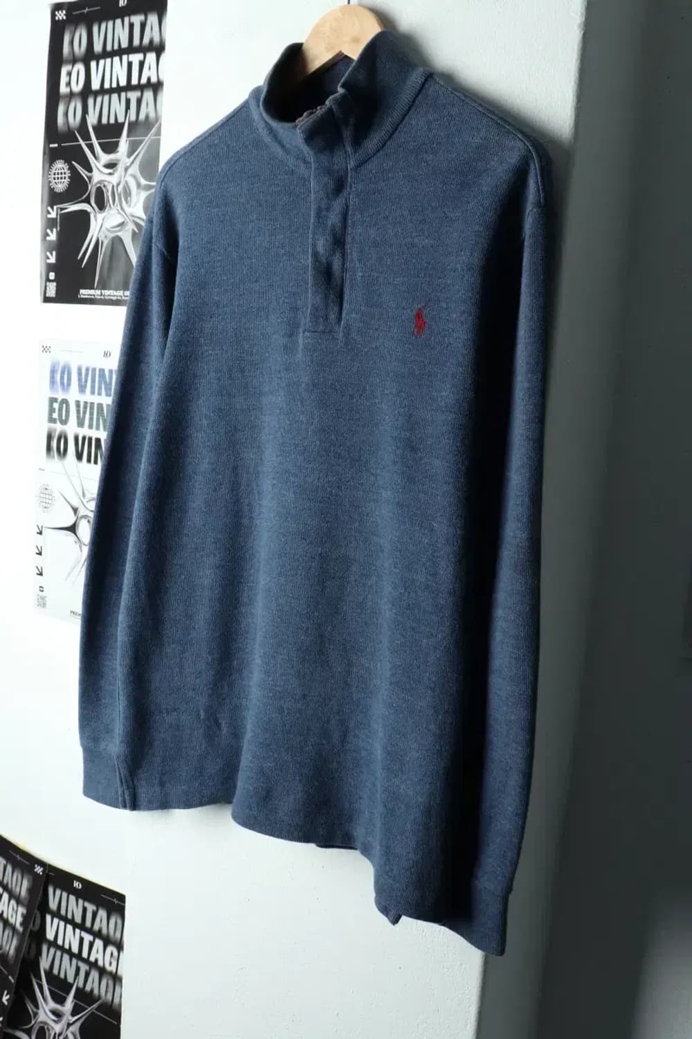 (M-L) 폴로 랄프로렌 카라 긴팔티셔츠 반집업 블루 포니-15A3C 상품이미지1