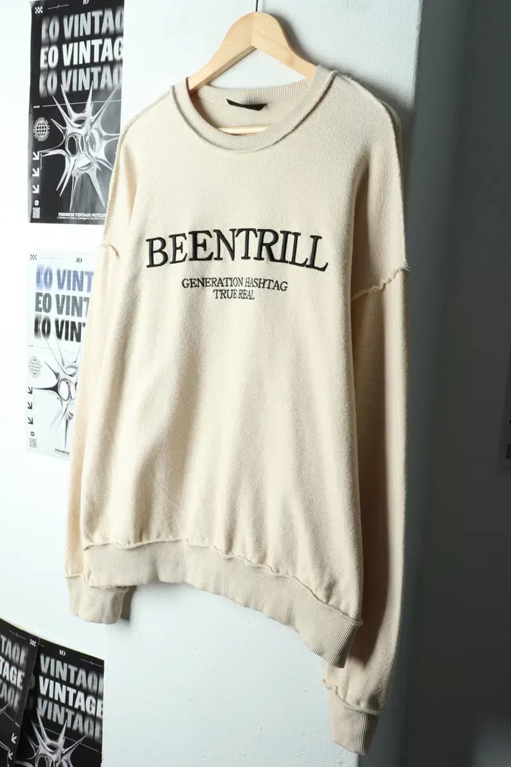 (L-2XL) 빈트릴 맨투맨 티셔츠 베이지 유니크-15EB8 상품이미지1