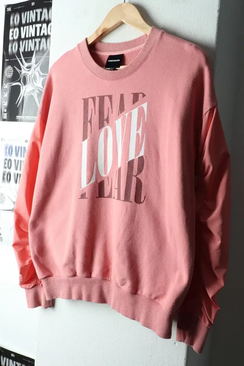 W(S-M) 브랜드빈티지 맨투맨 티셔츠 박시 핑크 배색소재-16325 상품이미지1