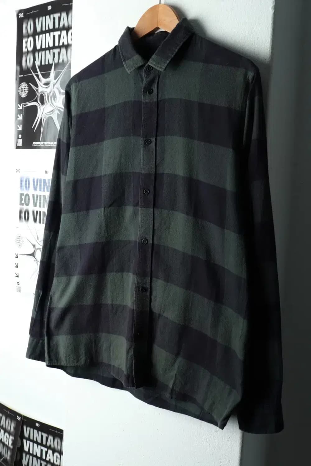 (S-M) 코스 셔츠 남방 사용감 체크 플란넬 그린-163A1 상품이미지1