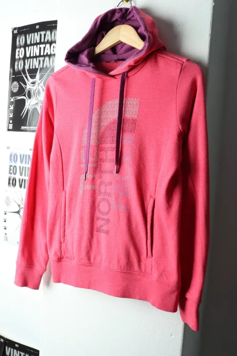 W(S-M) 노스페이스 후드티셔츠 빅로고 핑크 기모 딸기우유-16597 상품이미지1