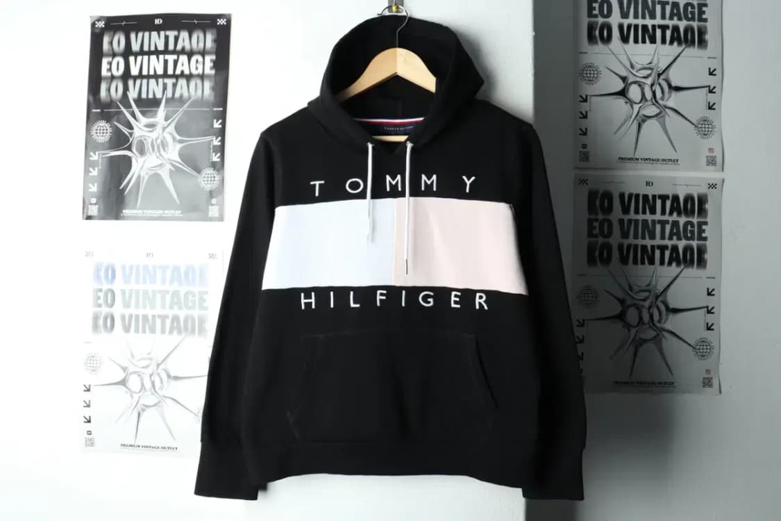 W(L) 타미힐피거 후드티셔츠 빅로고 블랙 기모 Y2K 희귀-1659A 상품이미지2