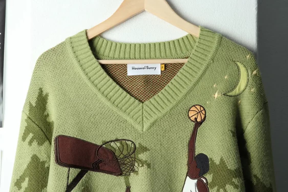 W(XS-M) 하우스 오브 써니 니트 브이넥 농구자수 한정판-167F9 상품이미지3