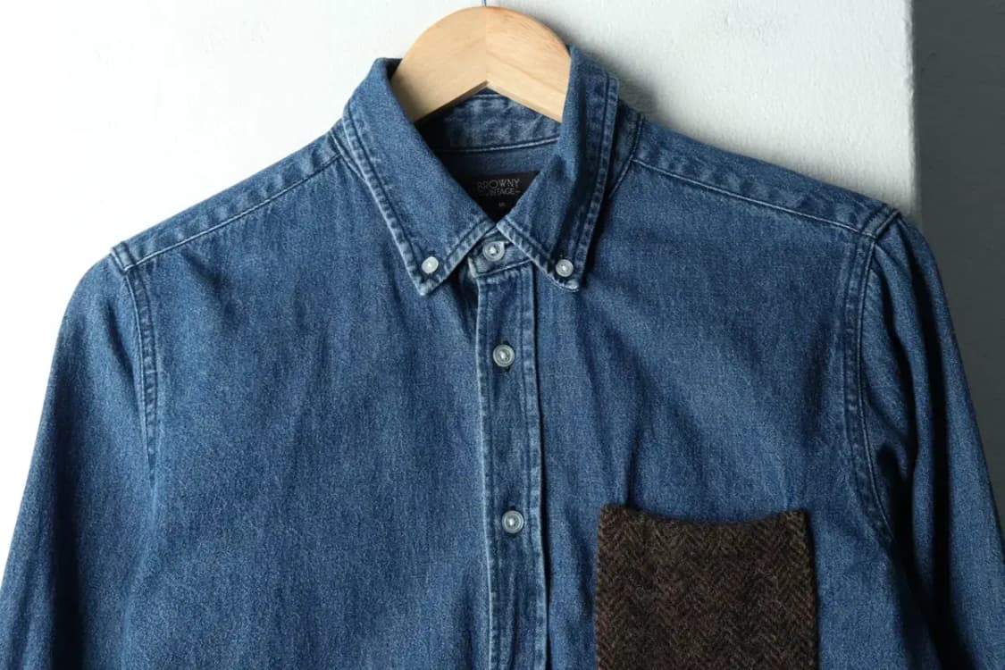 (M) 브라우니 빈티지 셔츠 남방 데님 청 해리스트위드 일본-16835 상품이미지3