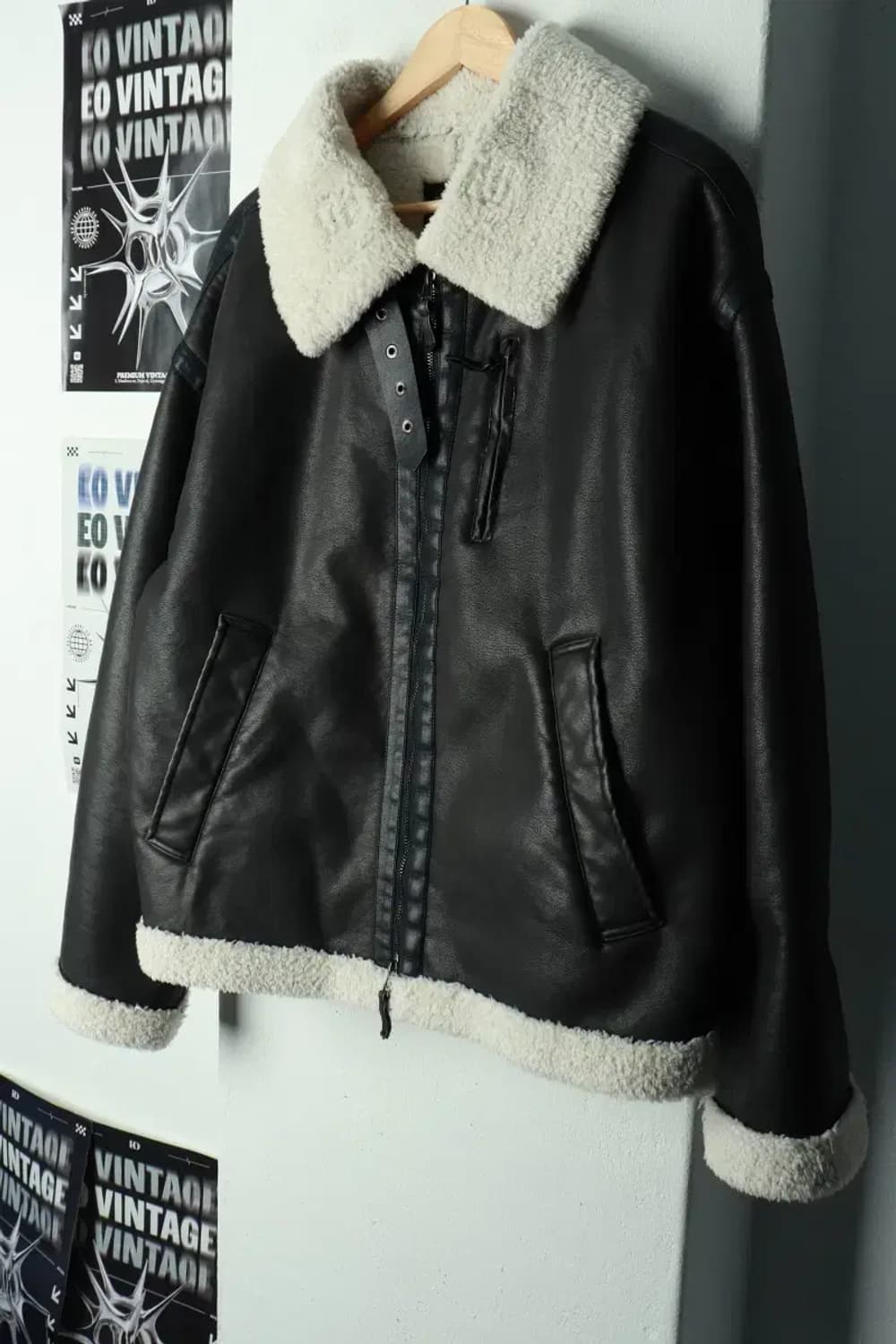 (L) 디미트리블랙 집업 바람막이 점퍼자켓 무스탕 레더 블랙-16A1F 상품이미지1