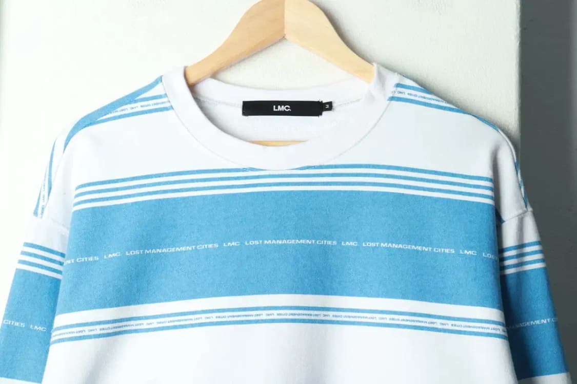 (M-L) 엘엠씨 맨투맨 티셔츠 레터링 스트라이프 연블루-16A51 상품이미지3