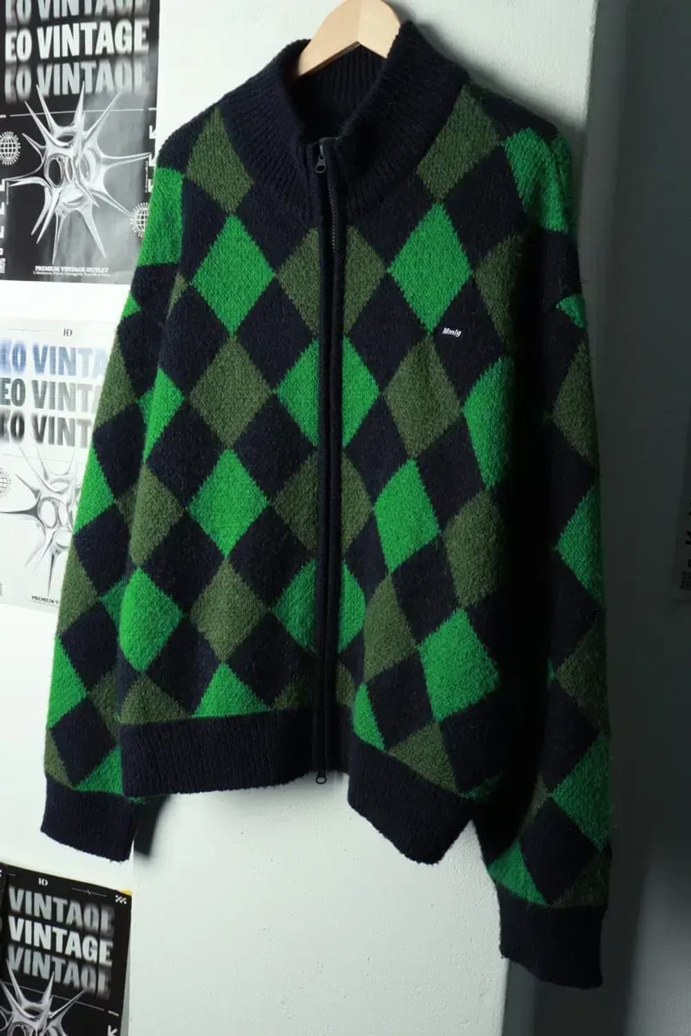 (L-2XL) 엠엠엘지 니트 가디건 집업 체커보드 루즈핏 그린-169F6 상품이미지1