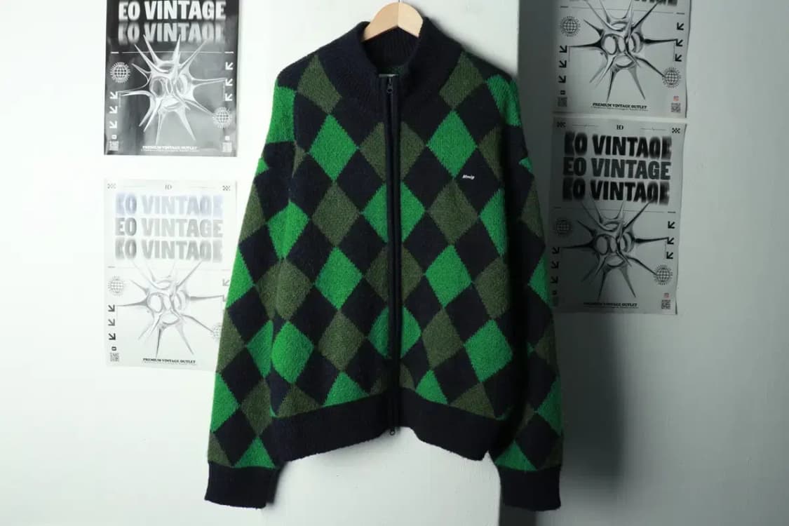 (L-2XL) 엠엠엘지 니트 가디건 집업 체커보드 루즈핏 그린-169F6 상품이미지2