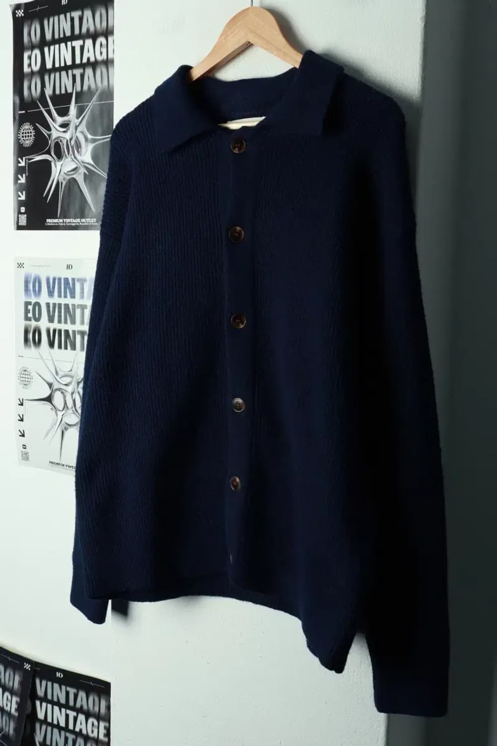 (L-XL) 라퍼지스토어 니트 가디건 카라 네이비 헤비울-16A10 상품이미지1