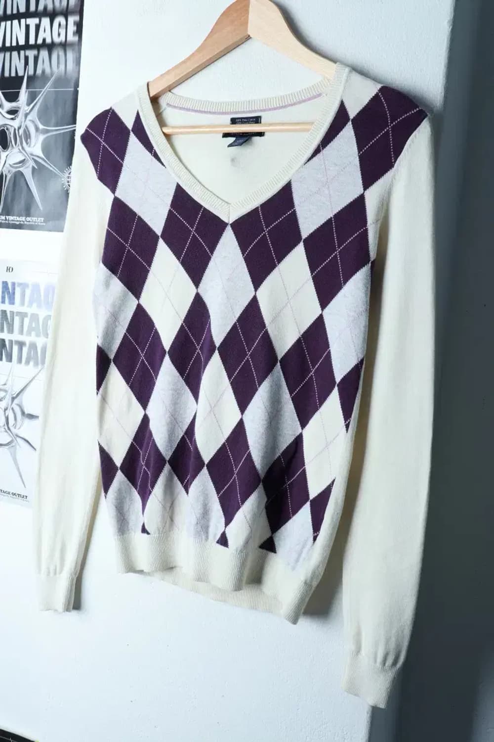 W(XS-S) 타미힐피거 니트 아가일 아이보리 퍼플-16CA1 상품이미지1