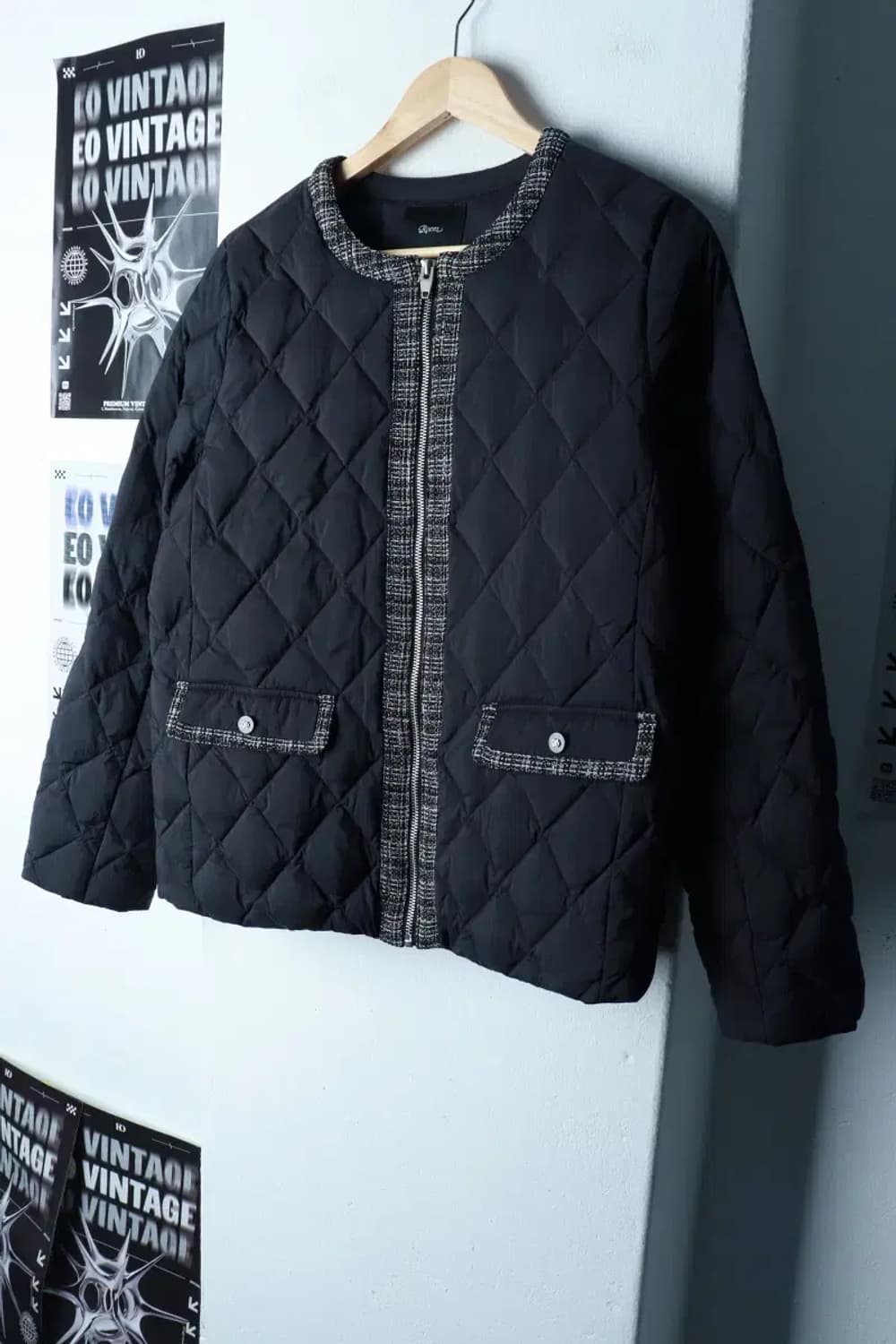 W(S-M) 로엠 패딩 점퍼자켓 트위드 퀄팅 덕다운 블랙 누빔-16CA6 상품이미지1