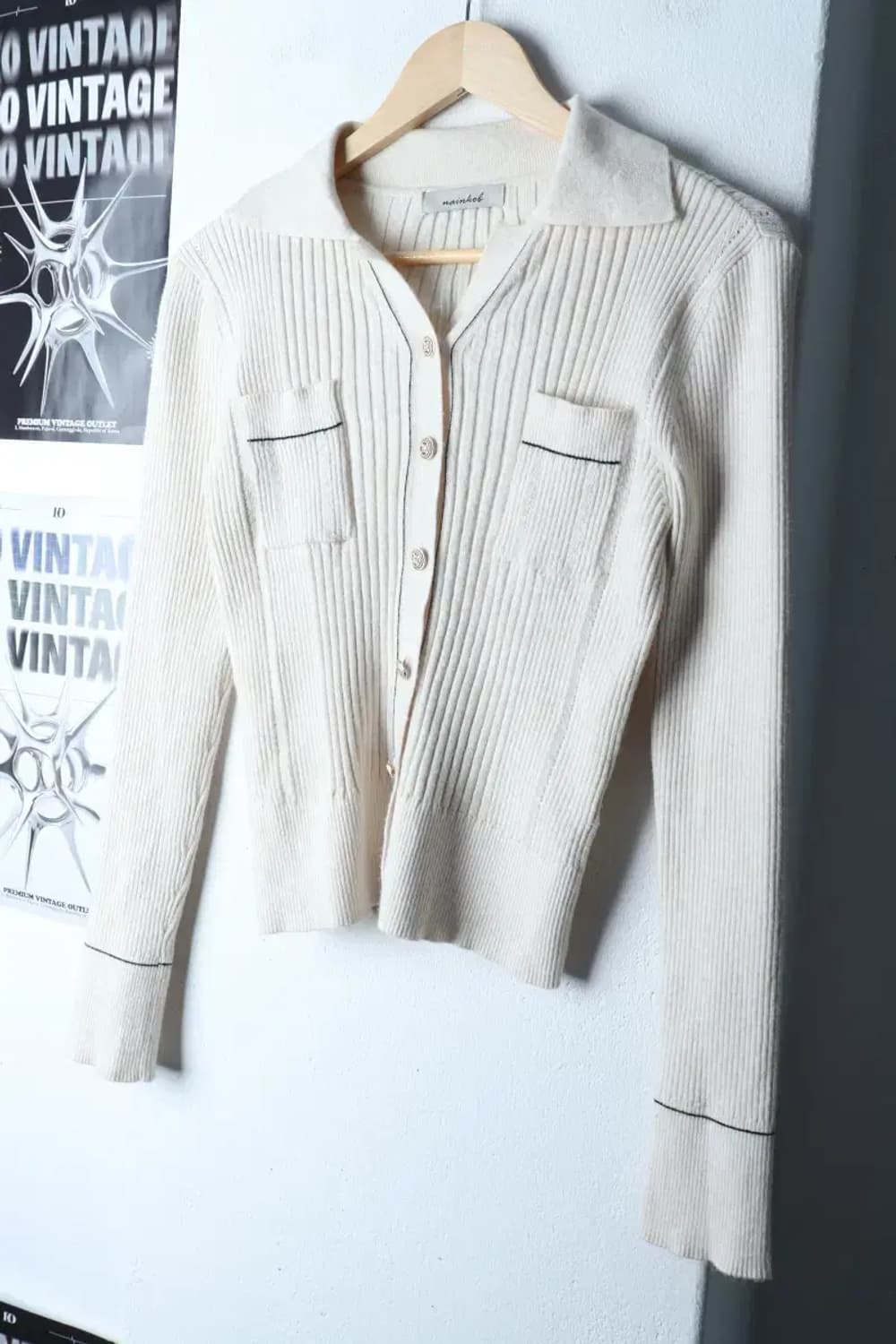 W(F) 브랜드빈티지 니트 가디건 슬림핏 카라 아이보리 키치-16D74 상품이미지1