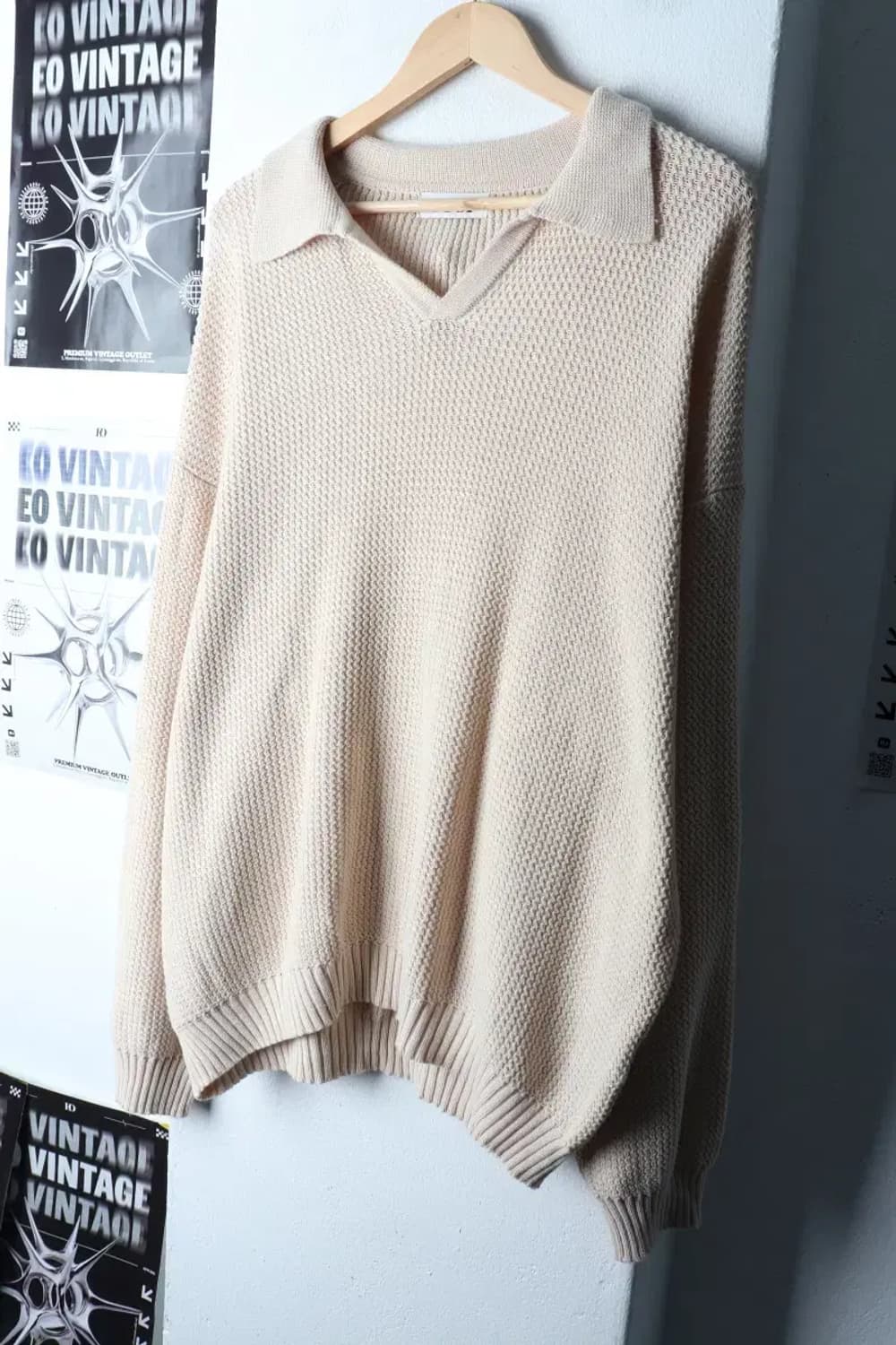 (L-XL) 쿠어 니트 루즈핏 카라 베이지 크로셰 오픈-16FDB 상품이미지1