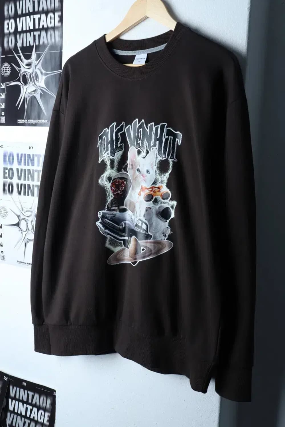 (3XL) 브랜드빈티지 긴팔티셔츠 빅사이즈 고양이프린팅 차콜-1701E 상품이미지1