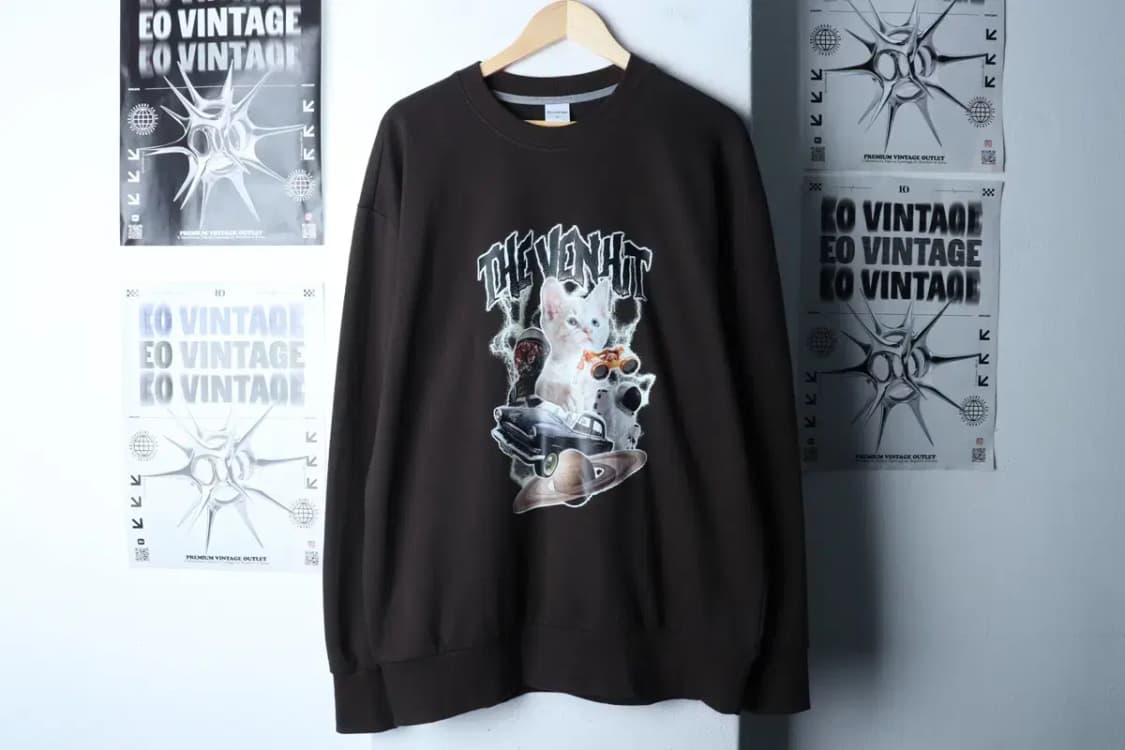 (3XL) 브랜드빈티지 긴팔티셔츠 빅사이즈 고양이프린팅 차콜-1701E 상품이미지2