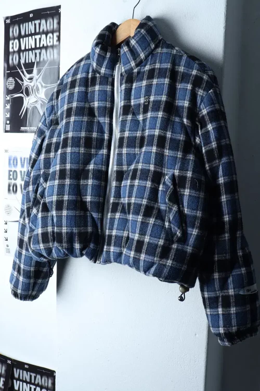 (S-M) 기준 패딩 점퍼자켓 크롭 체크 덕다운 블루 울-16FA5 상품이미지1