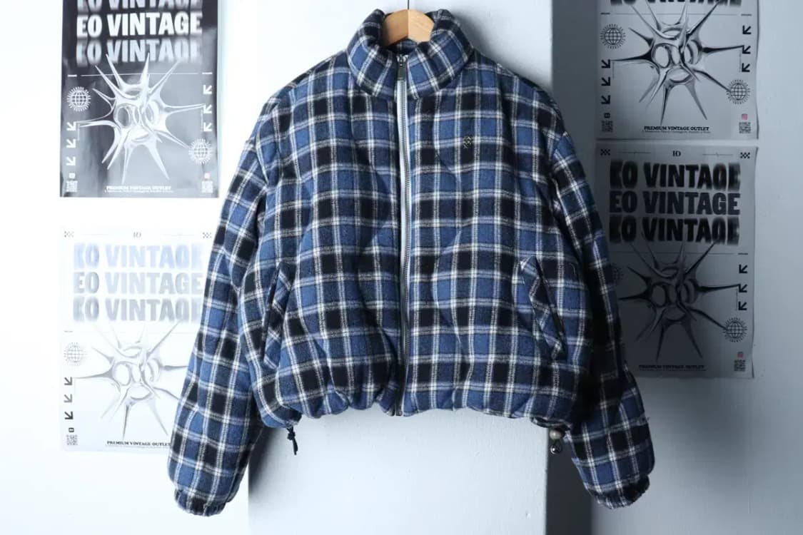 (S-M) 기준 패딩 점퍼자켓 크롭 체크 덕다운 블루 울-16FA5 상품이미지2