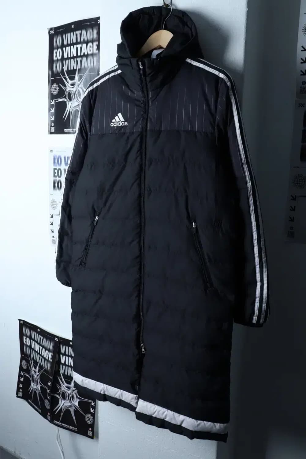 (S-M) 아디다스 패딩 점퍼자켓 덕다운 블랙 삼선 롱-1717A 상품이미지1