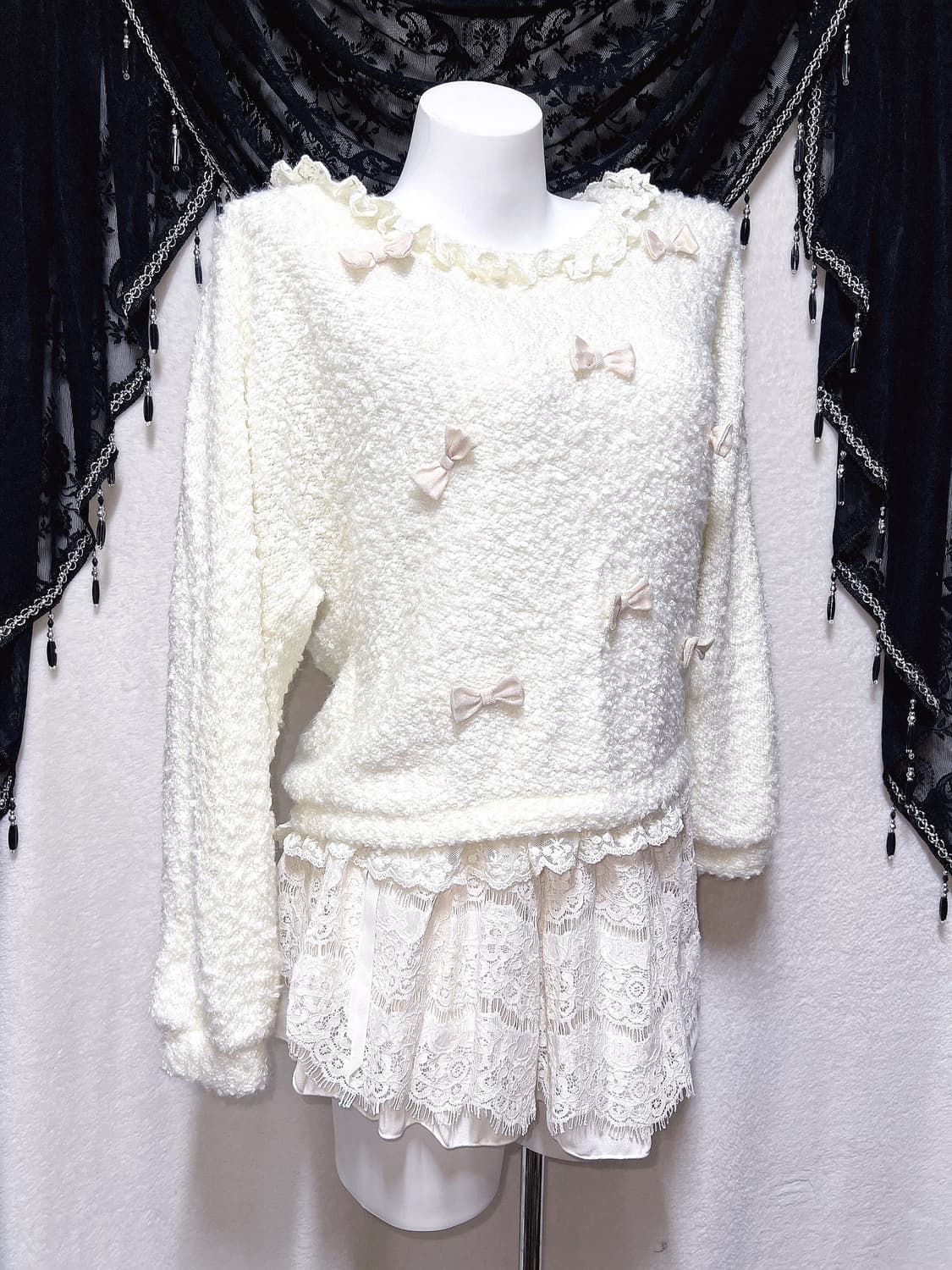 리즈리사 달천깔 라떼갸루 히메 로맨틱 로걀 백리본 뽀글이 니트 핀터 희귀 상품이미지3