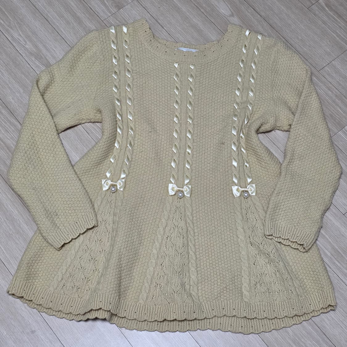 일본빈티지)모리걸st 리본레이스 하찌케이블 로맨틱히메갸루 엑팜깔 긴팔니트 상품이미지3