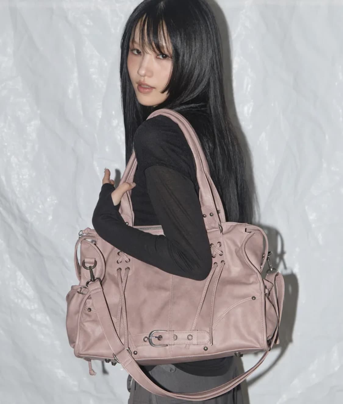 팬시클럽 벨티드 워싱 레더백 베이비핑크 상품이미지1