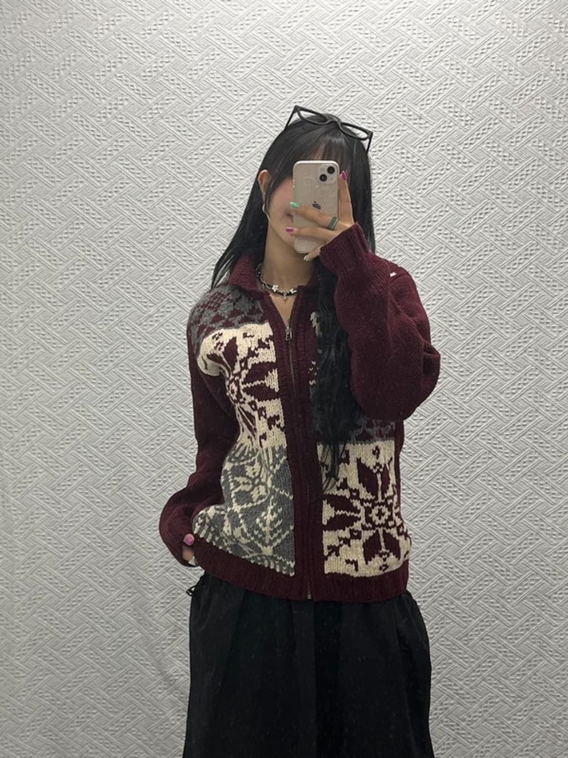 챔스 스노우 플레이크 버건디 니트 집업 가디건 L C06648 상품이미지1