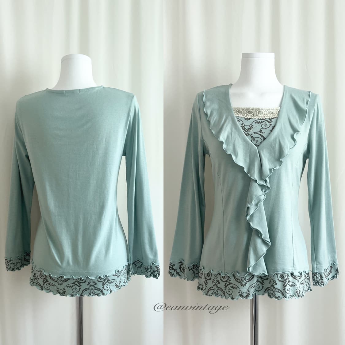 teal green pattern ruffle top 상품이미지1