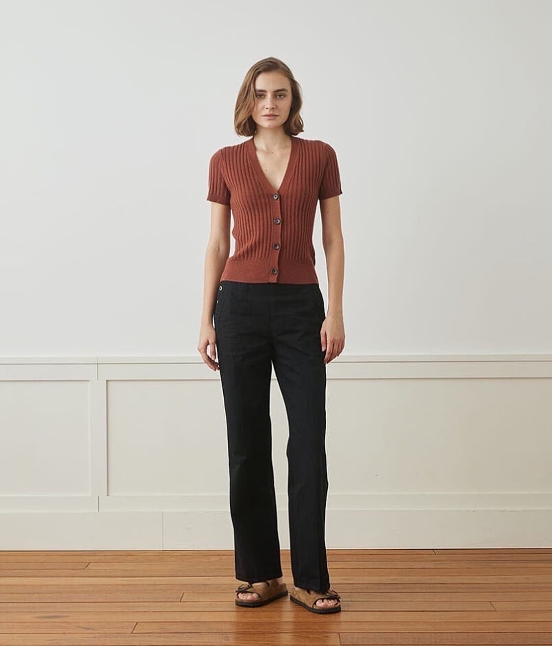 (정품/새상품) 제임스펄스 여성 브라운 캐시미어 립 숏슬리브 가디건 상품이미지5