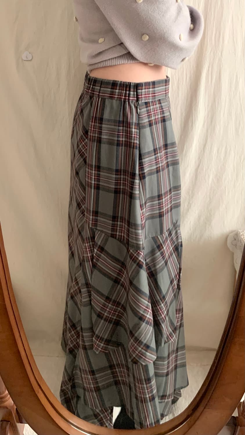 빈티지 언발 셔링 체크 롱스커트 상품이미지5